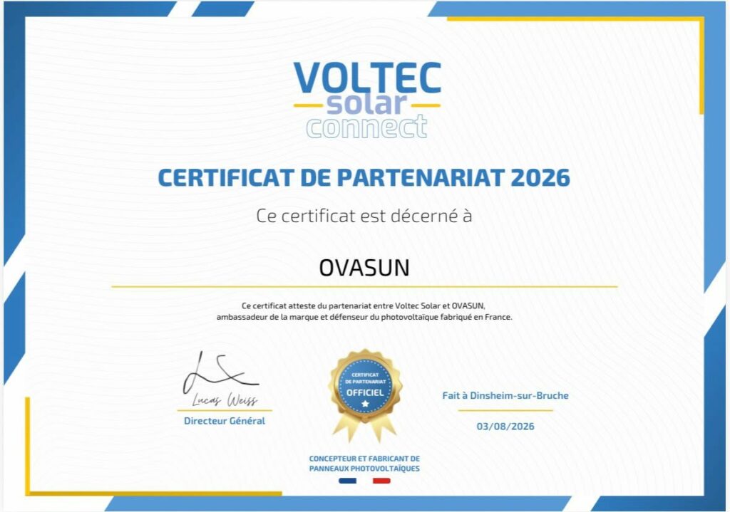 Certificat de partenariat 2026 Voltec Solar Connect remis à Ovasun, installateur de panneaux solaires en Gironde