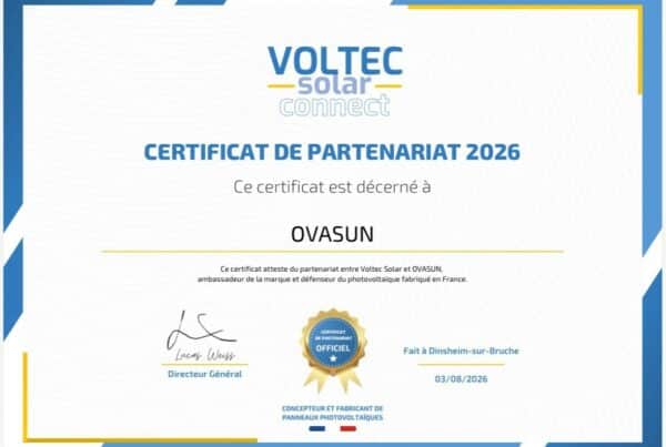 Certificat de partenariat 2026 Voltec Solar Connect remis à Ovasun, installateur de panneaux solaires en Gironde